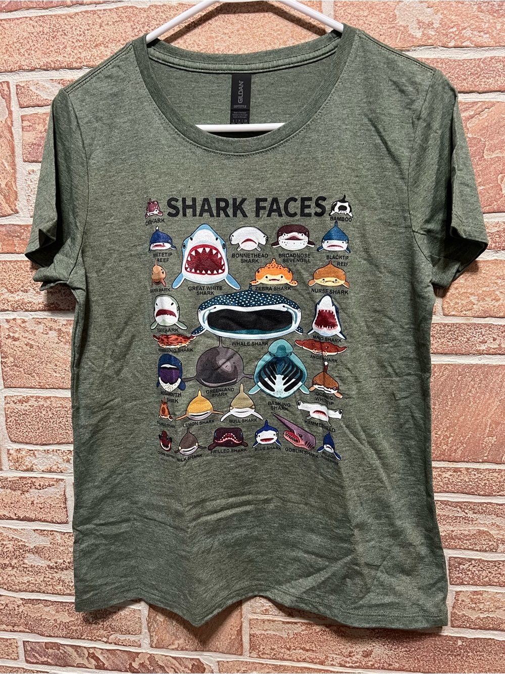 Women’s Small Gildan Softstyle Heather Olive Green T‑Shirt with Shark Graphic